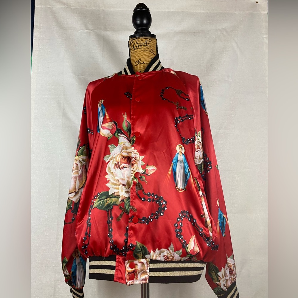 Civil Regime limited edition red satin Virgin Mary rosary satin bomber jacket - Picture 2 of 16